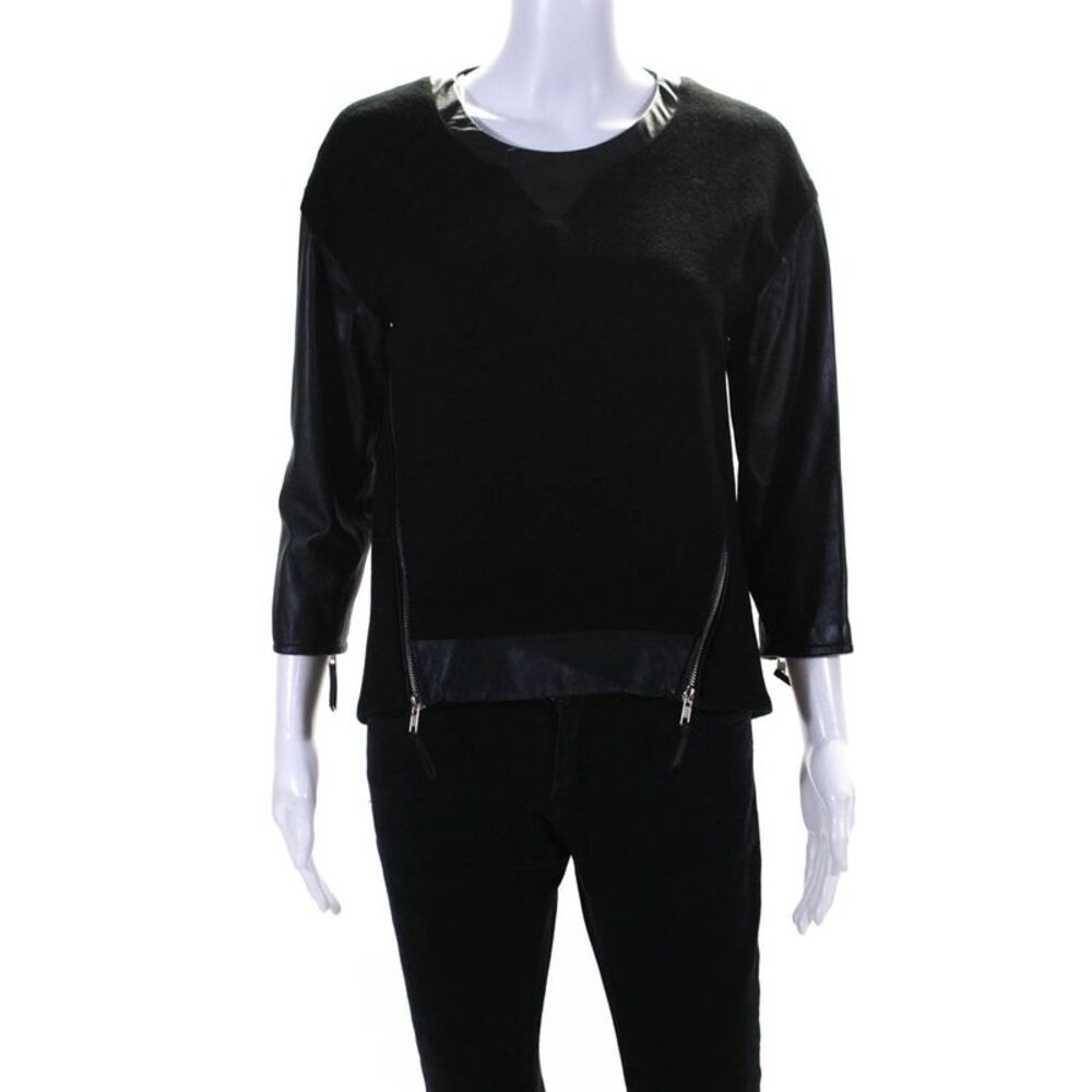 Milly Women's Wool Leather Combo Zipper Trim Top Black Size 0